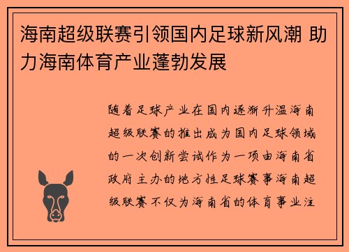 海南超级联赛引领国内足球新风潮 助力海南体育产业蓬勃发展